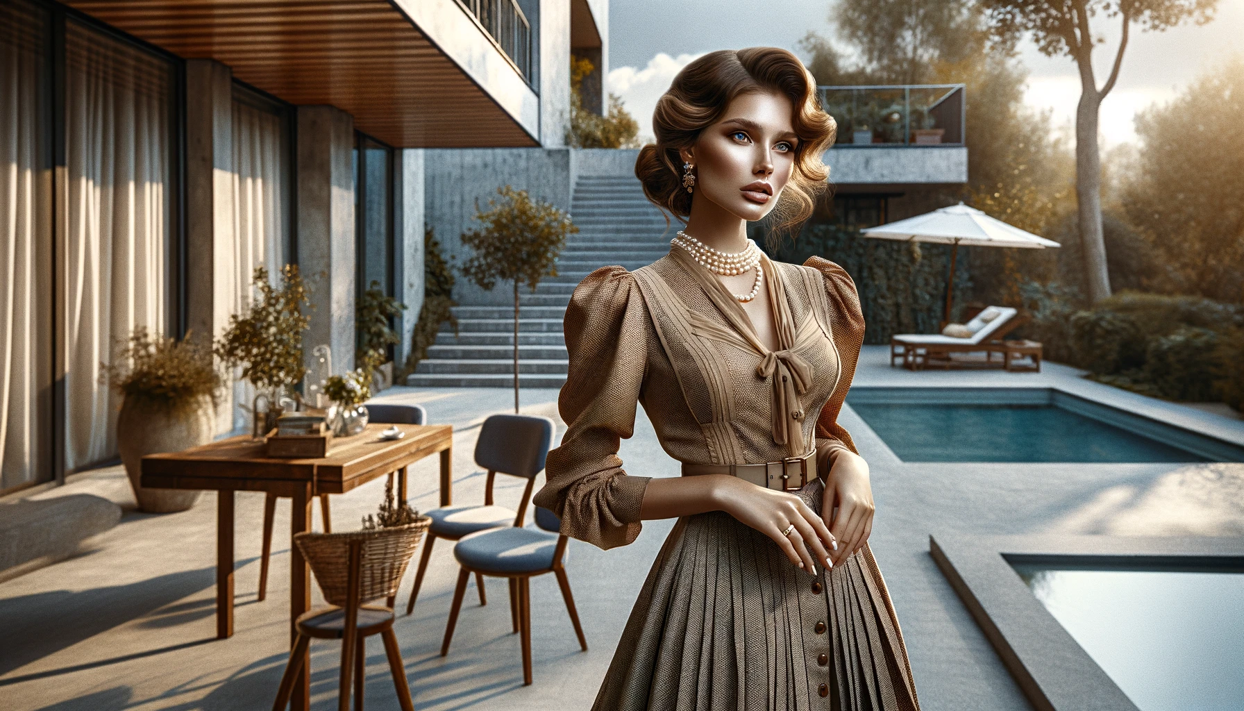 a beautiful modern woman wearing vintage clothing, capturing her elegance and the timeless appeal of her outfit